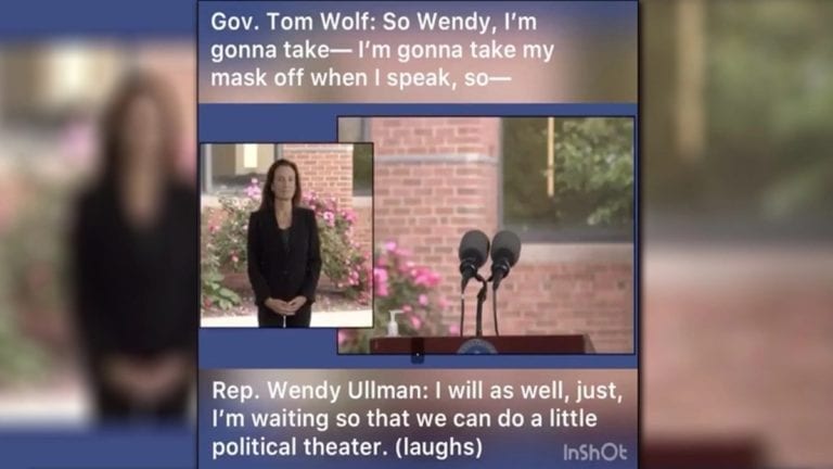 A hot mic captured the moment a Pennsylvania House rep admitted to the state’s governor Tom Wolf that face masks are only being worn for the camera as “political theater.” In video footage of the Tuesday press conference, Gov. Wolf can be overheard addressing Democrat District 143 Rep. Wendy Ullman off-camera, coordinating the move to take their masks off while they speak on the microphone.